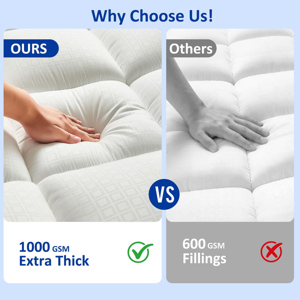 Pillow Top Mattress Topper – 1000GSM Down Alternative, Deep Pocket, Cooling