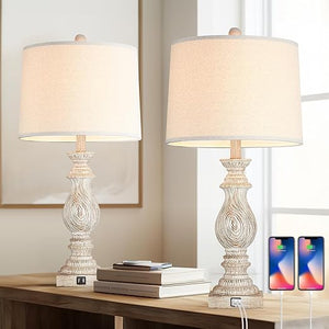 Farmhouse Table Lamp Set of 2 with USB Charging Ports & Rotary Switch