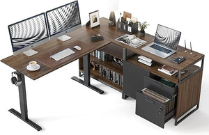 L-Shaped Electric Standing Desk with Drawers & Shelves