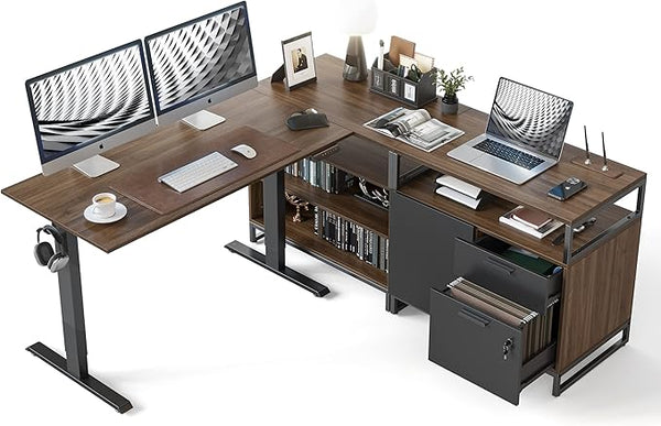 L-Shaped Electric Standing Desk with Drawers & Shelves