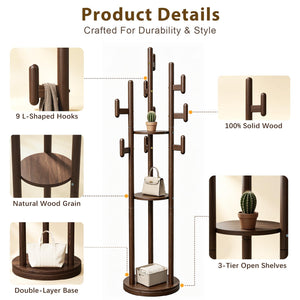 Rotary Wood Coat Rack with Shelves & Hooks