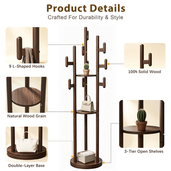 Rotary Wood Coat Rack with Shelves & Hooks