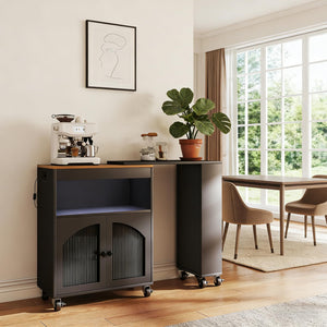 Rolling Kitchen Island with Power Outlet, LED Light & Glass Doors