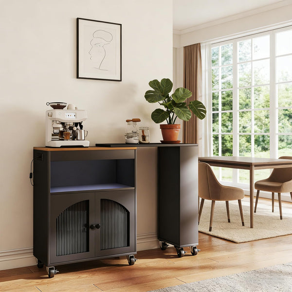 Rolling Kitchen Island with Power Outlet, LED Light & Glass Doors