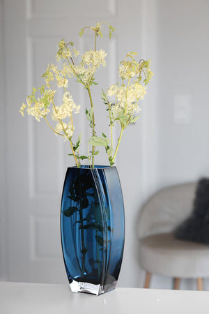 Blue Teal Glass Vase 10.25" Tall Oblong Decorative Flower Vase