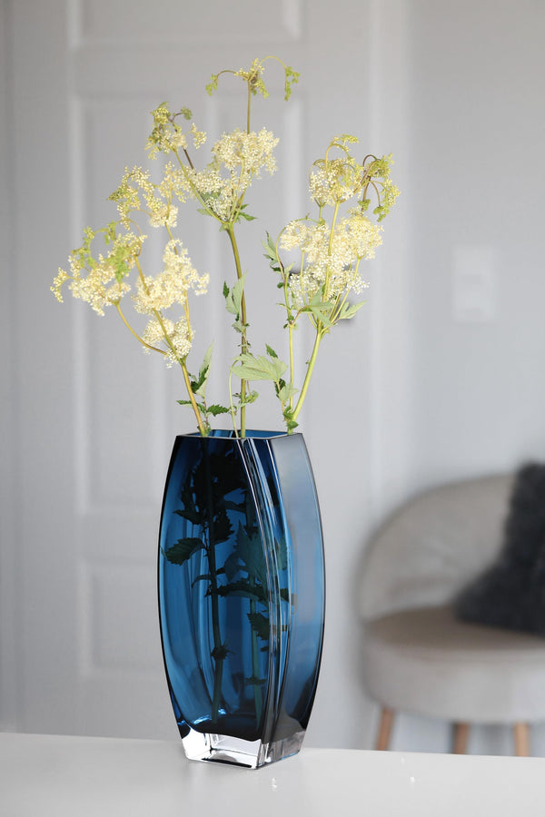 Blue Teal Glass Vase 10.25" Tall Oblong Decorative Flower Vase