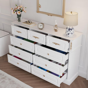 9-Drawer Dresser with Gold Knobs – Wide Bedroom Storage Chest
