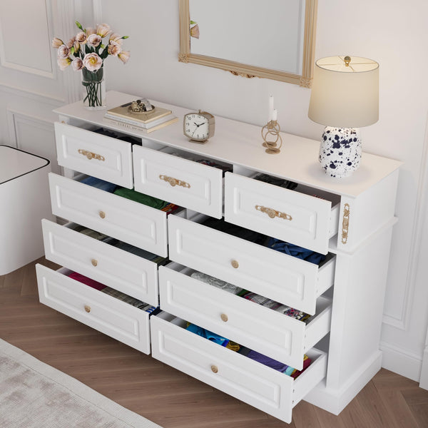 9-Drawer Dresser with Gold Knobs – Wide Bedroom Storage Chest