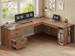 L-Shaped Farmhouse Desk with Drawers, Power Outlets & Storage Shelves