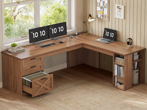 L-Shaped Farmhouse Desk with Drawers, Power Outlets & Storage Shelves