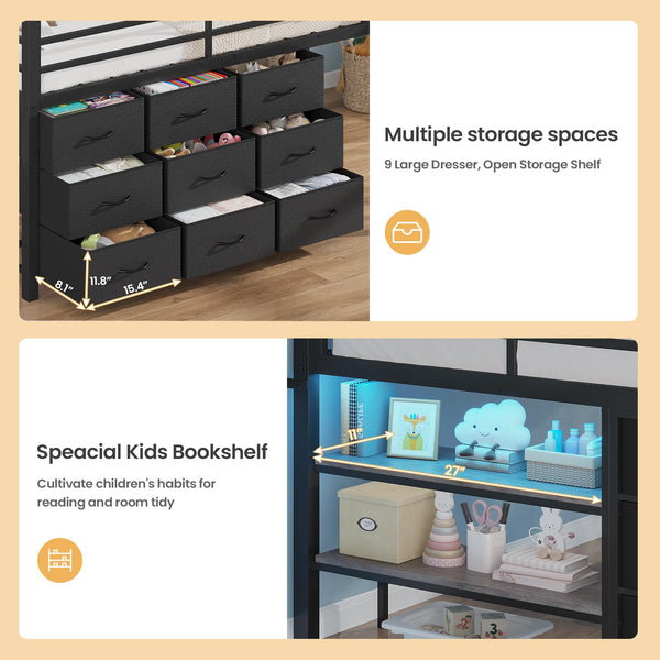 Twin Low Loft Bed with 9 Storage Drawers, LED Lights & Safety Guardrail