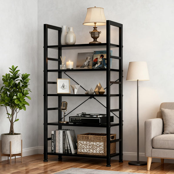 5-Tier Industrial Bookshelf with Metal Frame