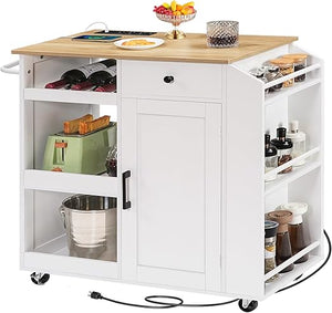 Rolling Kitchen Island Cart with Power Outlet, Drawer, Wine Rack & Spice Rack