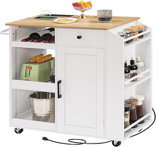 Rolling Kitchen Island Cart with Power Outlet, Drawer, Wine Rack & Spice Rack
