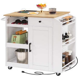 Rolling Kitchen Island Cart with Power Outlet, Drawer, Wine Rack & Spice Rack