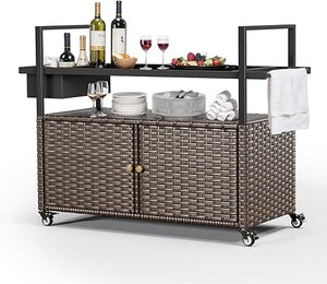 Outdoor Wicker Bar Cart with Storage Cabinet & Tempered Glass Top