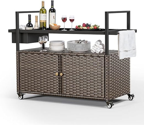 Outdoor Wicker Bar Cart with Storage Cabinet & Tempered Glass Top
