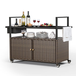 Outdoor Wicker Bar Cart with Storage Cabinet & Tempered Glass Top