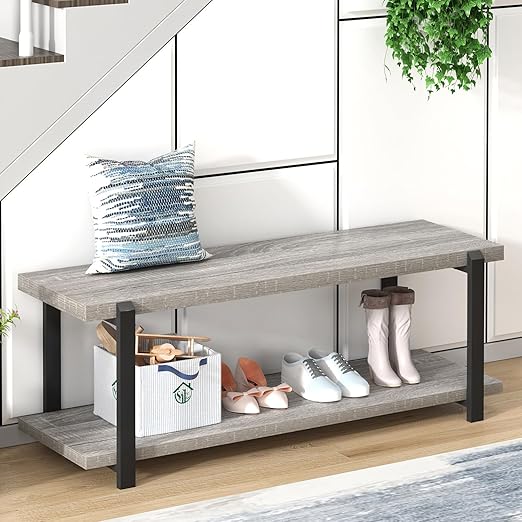 Entryway Bench with Shoe Storage | Wood & Metal Frame | 47 Inch