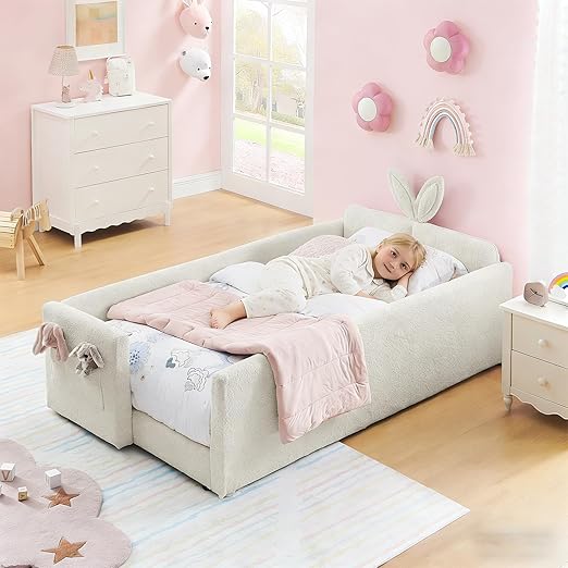Kids Upholstered Twin Daybed Frame with Bunny Ear Headboard
