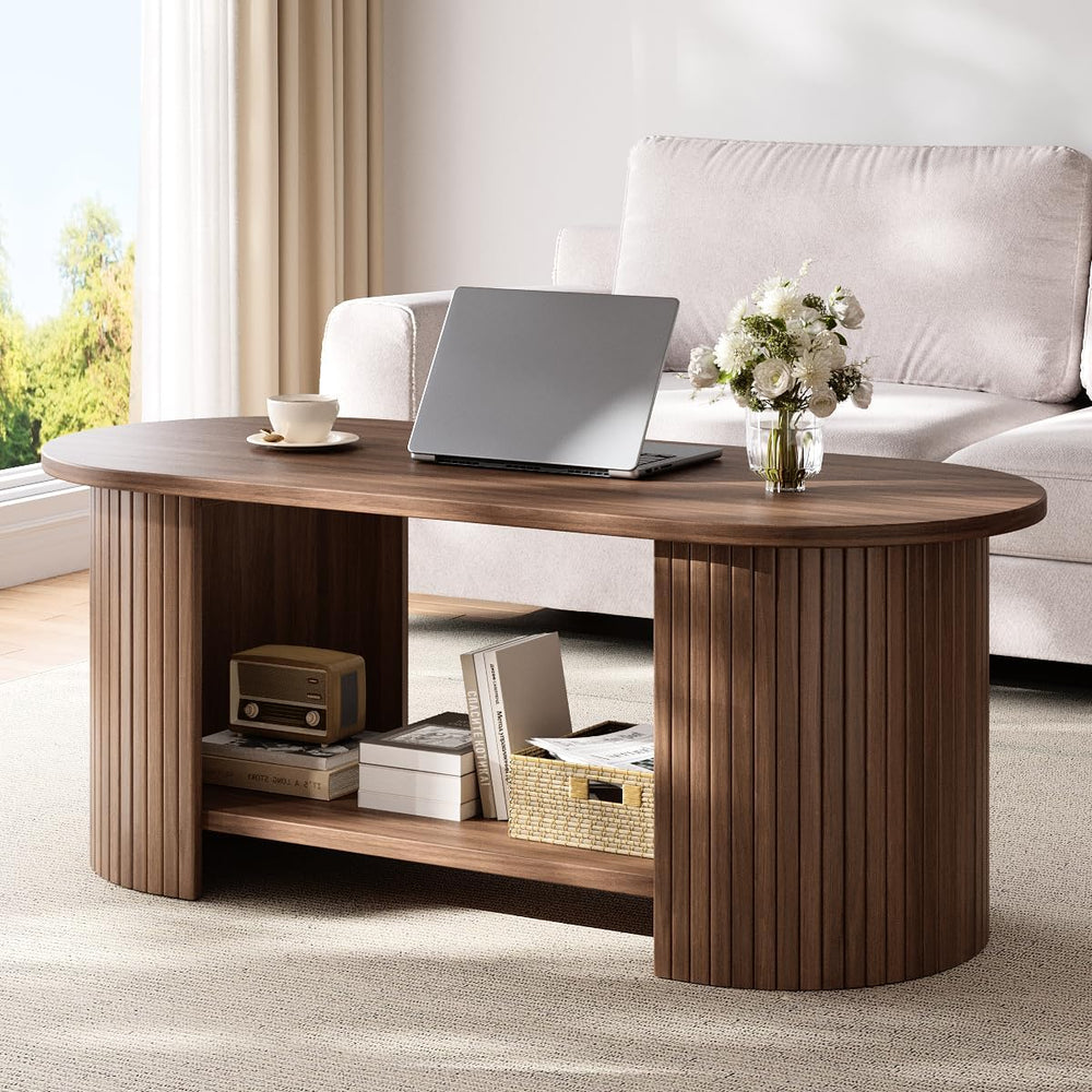 Oval Fluted Coffee Table with 2-Tier Storage