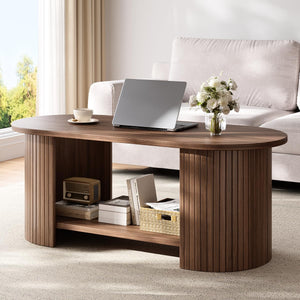 Oval Fluted Coffee Table with 2-Tier Storage