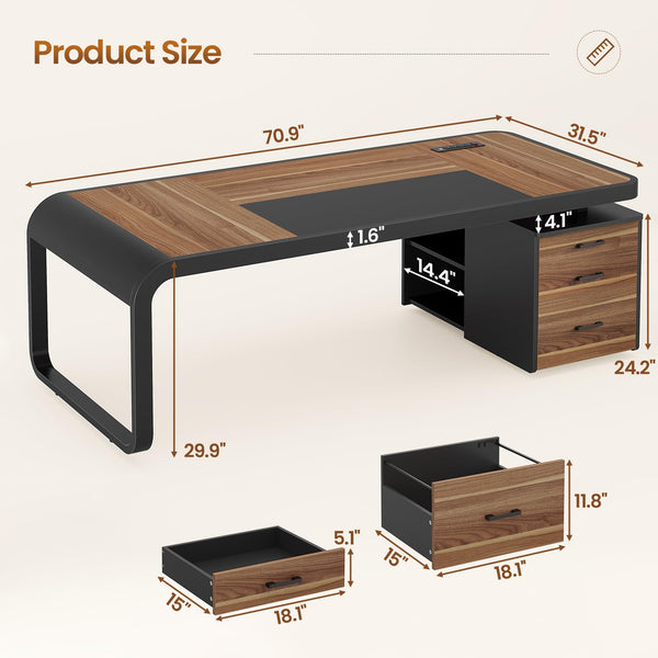 70.9" Executive Desk with File Cabinet & Charging Station