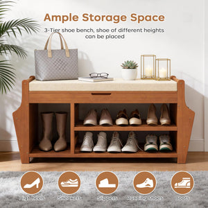 3-Tier Bamboo Shoe Bench with Cushion & Side Storage