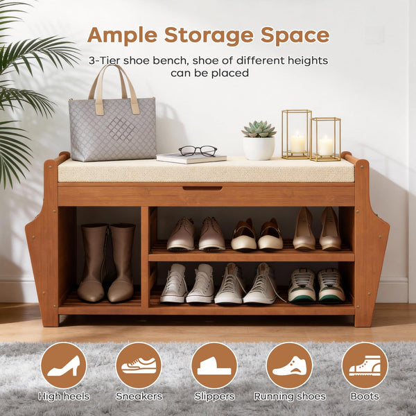 3-Tier Bamboo Shoe Bench with Cushion & Side Storage