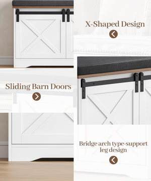 Farmhouse Shoe Bench with Cushion & Sliding Barn Doors