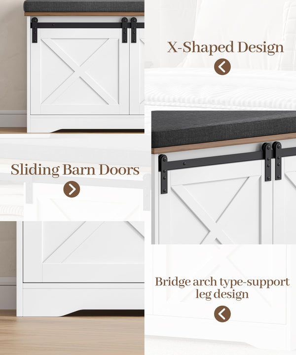 Farmhouse Shoe Bench with Cushion & Sliding Barn Doors