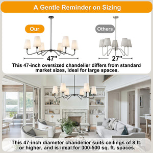 47-Inch Modern 6-Light Chandelier with Fabric Shades – Adjustable Large Ceiling Light Fixture