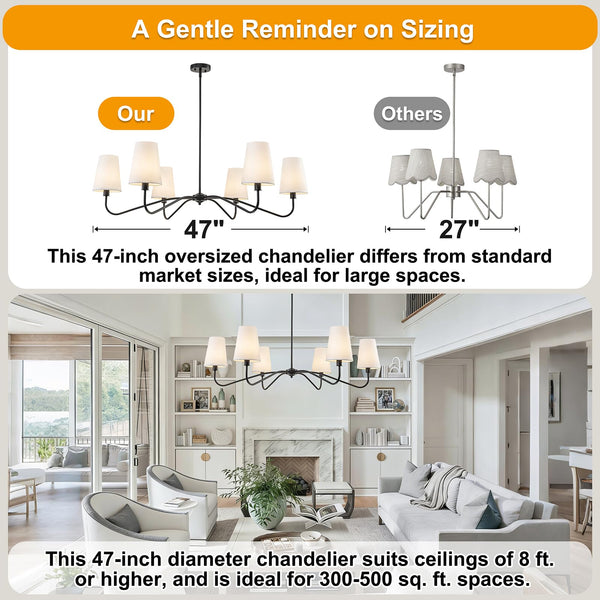 47-Inch Modern 6-Light Chandelier with Fabric Shades – Adjustable Large Ceiling Light Fixture