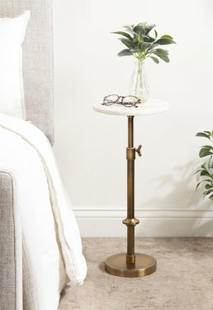 Adjustable Height Marble Pedestal Drink Table — Antique Brass