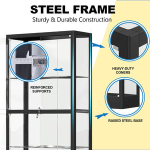 4-Tier Glass Display Cabinet with LED Lights & Lock