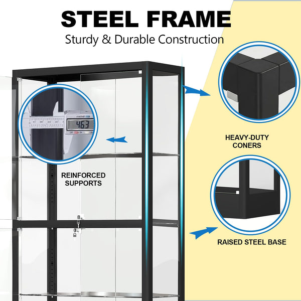 4-Tier Glass Display Cabinet with LED Lights & Lock
