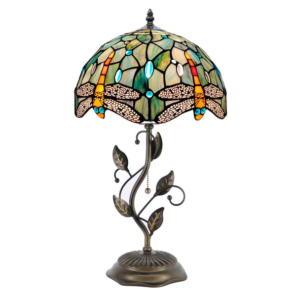 Tiffany Stained Glass Table Lamp with Metal Leaf Base