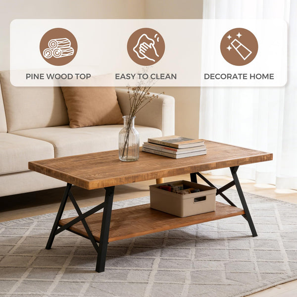 Rustic Brown 2-Tier Pine Wood Coffee Table with Metal X-Legs