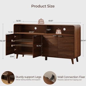 61" Sideboard Buffet Cabinet with Open Storage & 4 Doors – Walnut