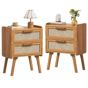 Boho Rattan Nightstand with 2 Drawers & Solid Wood Legs