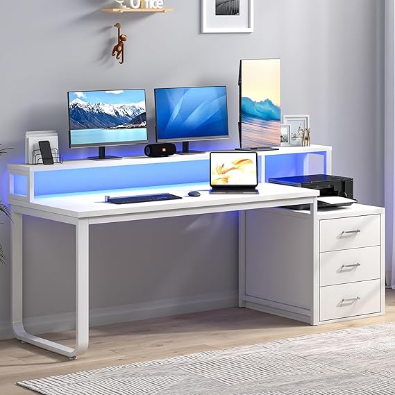 67-Inch Home Office Desk with Drawers and LED Lights