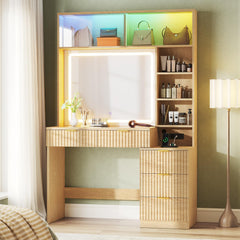 Fluted Vanity Desk with Mirror & LED Lights