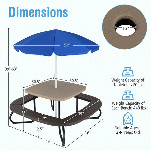 Kids Picnic Table with Umbrella – 8-Seat Outdoor HDPE Set