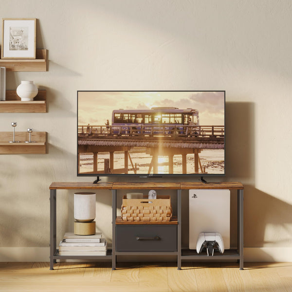 Industrial TV Stand with Fabric Drawer & Open Shelves