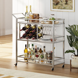 FATORRI Bar Cart Silver, Bar Carts for The Home, Home Bar Serving Carts for Liquor, Rolling Wine Cart with 3 Tier Mirrored Shelves on Wheels for Alcohol and Beverage (Silver)