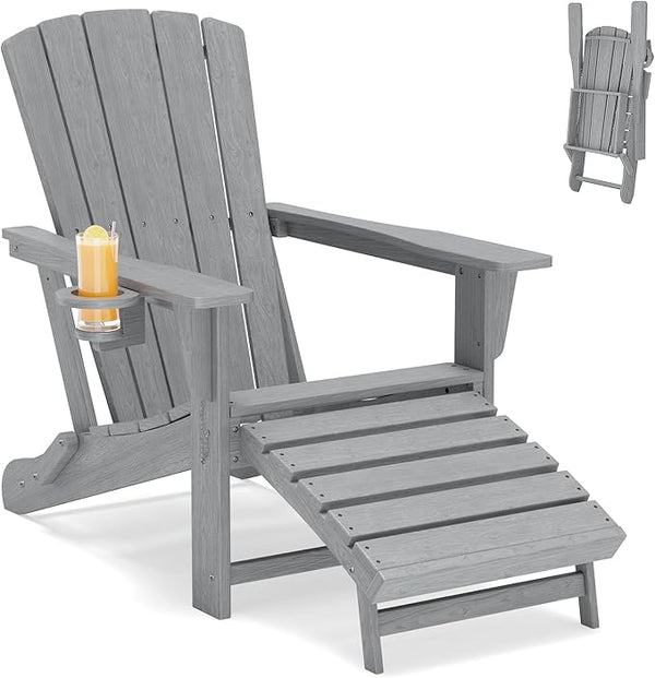 Folding Adirondack Chair with Retractable Ottoman & Cup Holder