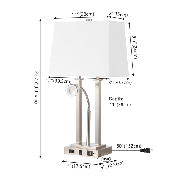 2-Light Modern Farmhouse LED Table Lamp with USB and Reading Light