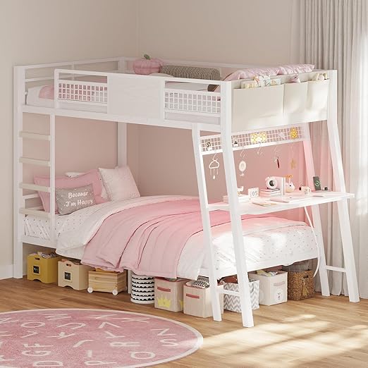 Twin Over Twin Bunk Bed with Desk, LED Lights & Power Outlets
