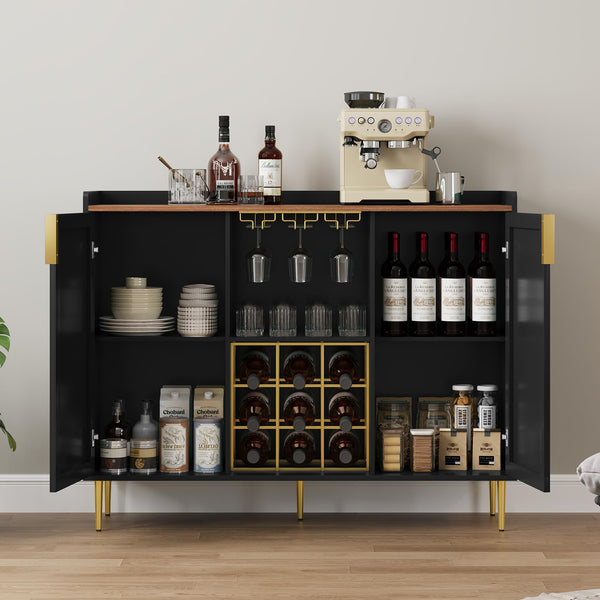Wine Bar Cabinet with Fluted Panels, Wine Rack & Glass Holder