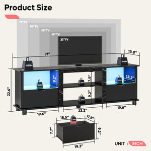 70" Gaming TV Stand with LED Lights, Drawers & Glass Shelves